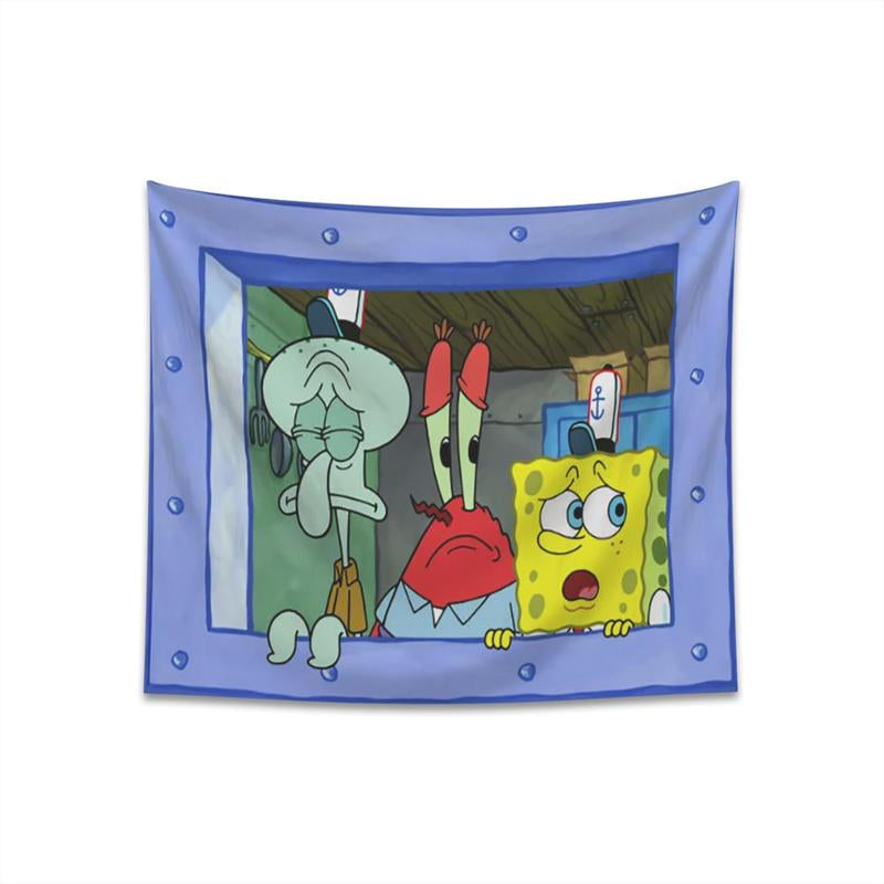 Funny Octopus and Sponge Meme Tapestry Cute Cartoon & Anime Tapestry