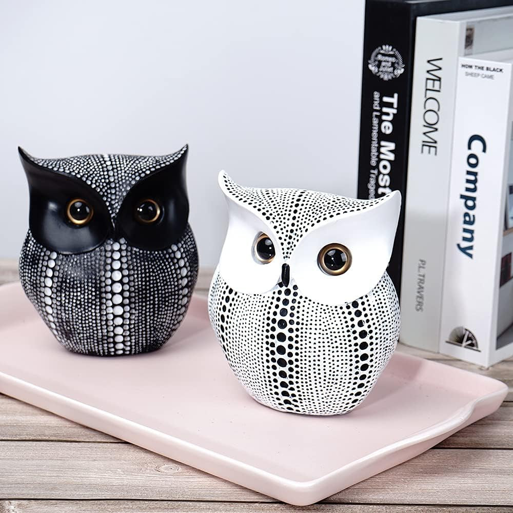 Owl Statue Decor Small Crafted Figurines for Home Decor Accents, Living Room Bedroom Office Decoration, Book Shelf TV Stand Decor - Animal Sculptures Collection (White)